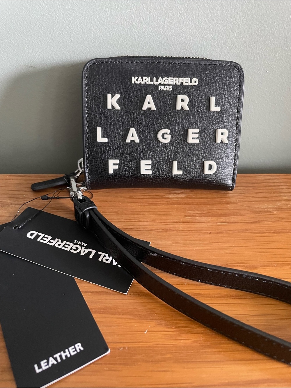 Karl Lagerfeld Paris Logo Leather Wallet Wristlet Black Compact Zip Around NWT